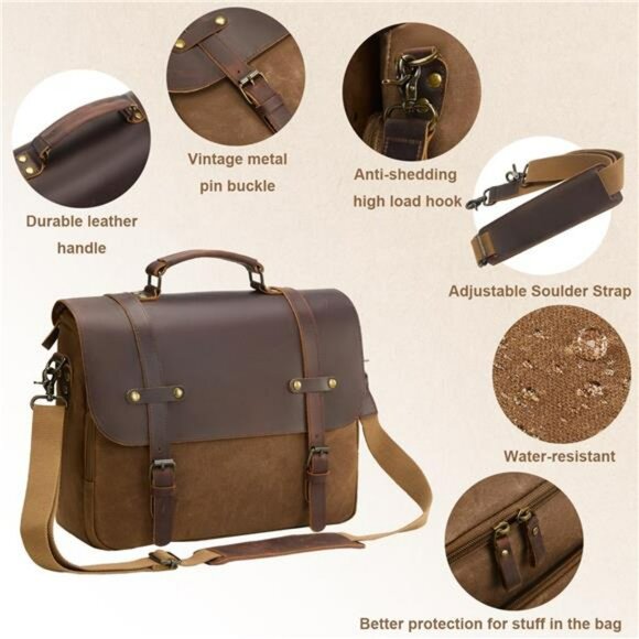 Mens Waxed Canvas Messenger Bag Leather Laptop Briefcase 15 Inch Work Satchel - Picture 4 of 7